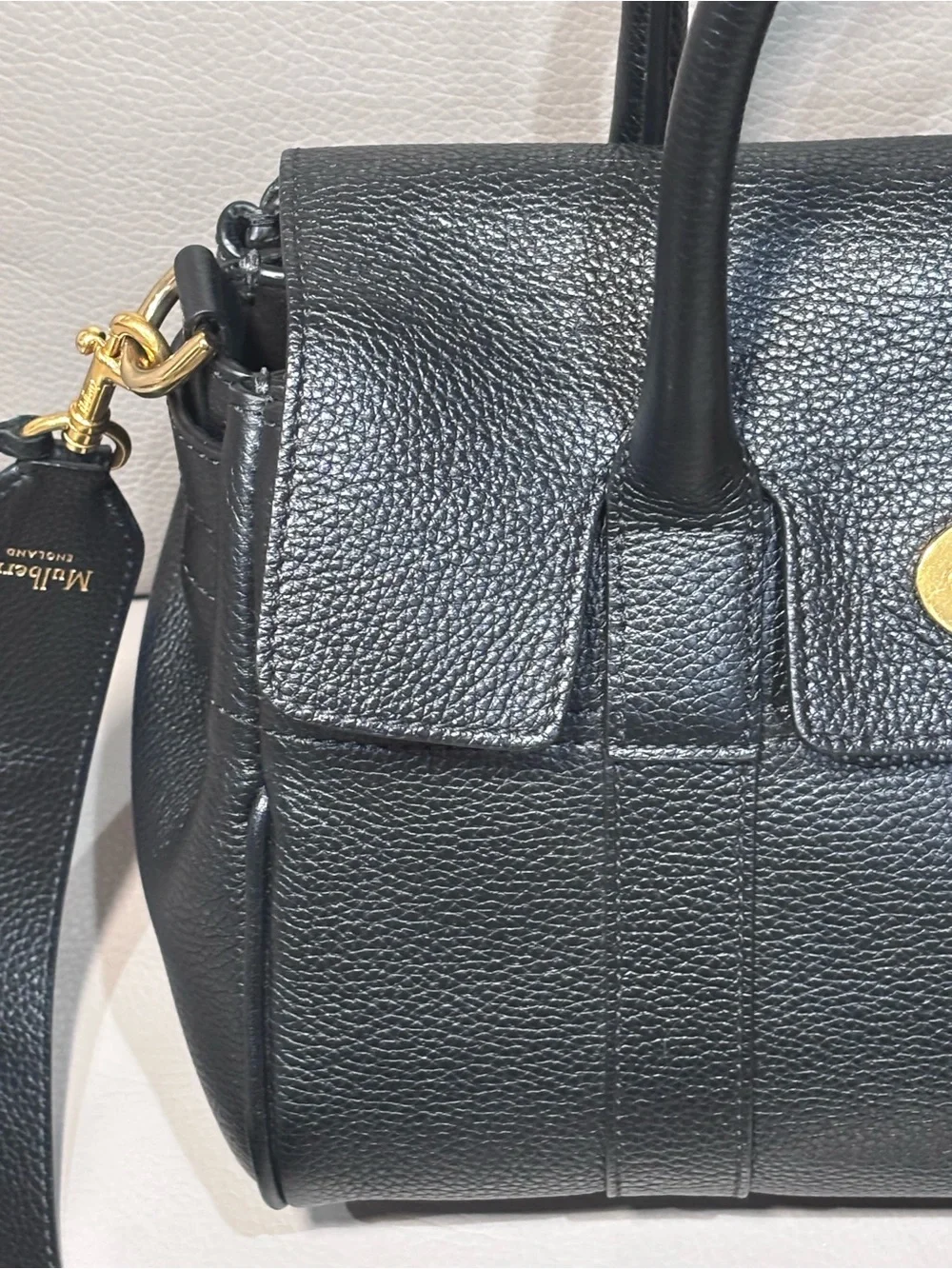 Mulberry Black Pebbled Leather Satchel with Gold Hardware and Strap